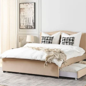 Bed met opbergladen Stof MONTPELLIER 160 x 200 cm Beige Bed met opbergladen Stof MONTPELLIER 160 x 200 cm Beige