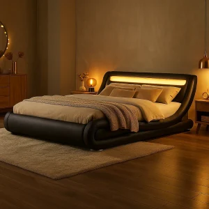 Bed Seattle Simili Noir met geïntegreerde LED's 160×200 cm Bed Seattle Simili Noir met geïntegreerde LED's 160×200 cm