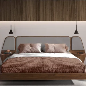 Bed van walnoot en grijze stof Bed van walnoot en grijze stof