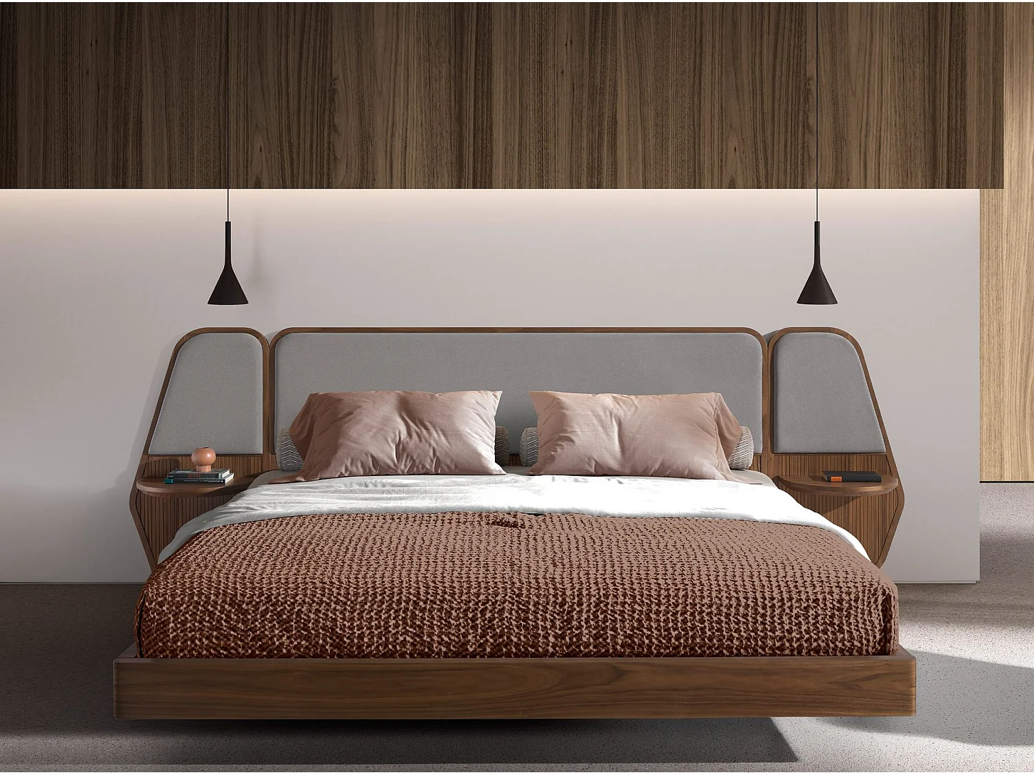 Bed van walnoot en grijze stof