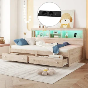 Bed 90 x 200 cm met 2 lades, opbergplanken en 2 USB-aansluitingen – Spaanplaat – LED's – Naturel (zonder matras) Bed 90 x 200 cm met 2 lades, opbergplanken en 2 USB-aansluitingen – Spaanplaat – LED's – Naturel (zonder matras)
