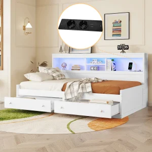 Bed van 90 x 200 cm met 2 laden, opbergplanken en 2 USB-aansluitingen – Spaanplaat – LED's – Wit (zonder matras) Bed van 90 x 200 cm met 2 laden, opbergplanken en 2 USB-aansluitingen – Spaanplaat – LED's – Wit (zonder matras)