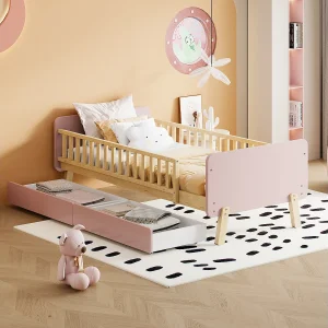 Bed met hoofdeinde 90 x 190 cm met 2 lades – Massief hout – Lattenbodem – Roze + eikenkleur Bed met hoofdeinde 90 x 190 cm met 2 lades – Massief hout – Lattenbodem – Roze + eikenkleur
