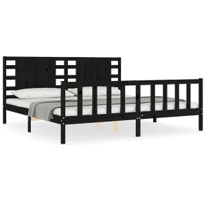 Bedframe met hoofdbord massief hout zwart 200×200 cm
