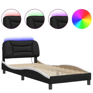 Bedframe met LED-verlichting kunstleer zwart en wit 80×200 cm Bedframe met LED-verlichting kunstleer zwart en wit 80×200 cm