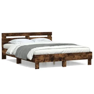Bedframe met hoofdeinde bewerkt hout gerookt eiken 140×190 cm