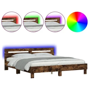 Bedframe met hoofdeinde en LED gerookt eikenkleurig 200×200 cm