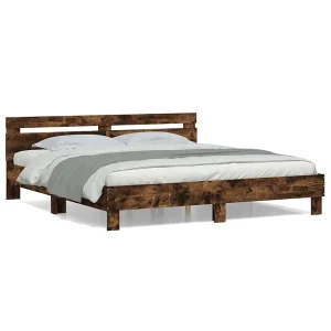 Bedframe met hoofdeinde bewerkt hout gerookt eiken 160×200 cm Bedframe met hoofdeinde bewerkt hout gerookt eiken 160×200 cm