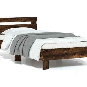 Bedframe met hoofdeinde bewerkt hout gerookt eiken 90×200 cm Bedframe met hoofdeinde bewerkt hout gerookt eiken 90×200 cm