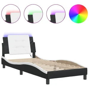 Bedframe met LED-verlichting kunstleer zwart en wit 90×200 cm Bedframe met LED-verlichting kunstleer zwart en wit 90×200 cm