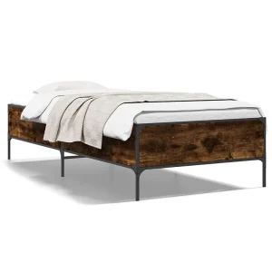 Bedframe bewerkt hout en metaal gerookt eikenkleurig 90×200 cm Bedframe bewerkt hout en metaal gerookt eikenkleurig 90×200 cm