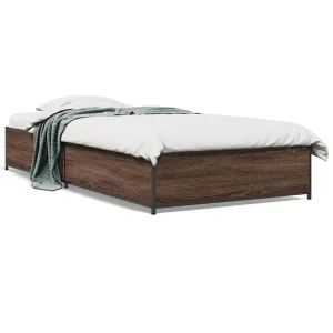Bedframe bewerkt hout en metaal bruin eikenkleurig 100×200 cm Bedframe bewerkt hout en metaal bruin eikenkleurig 100×200 cm