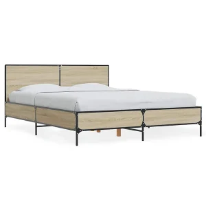 Bedframe bewerkt hout metaal sonoma eikenkleurig 90×190 cm Bedframe bewerkt hout metaal sonoma eikenkleurig 90×190 cm