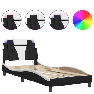 Bedframe met LED-verlichting kunstleer zwart en wit 90×200 cm Bedframe met LED-verlichting kunstleer zwart en wit 90×200 cm