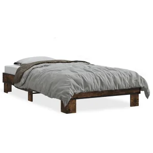 Bedframe bewerkt hout en metaal gerookt eikenkleurig 100×200 cm Bedframe bewerkt hout en metaal gerookt eikenkleurig 100×200 cm