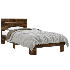 Bedframe bewerkt hout en metaal gerookt eikenkleurig 100×200 cm Bedframe bewerkt hout en metaal gerookt eikenkleurig 100×200 cm