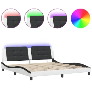 Bedframe met LED-verlichting kunstleer wit en zwart 200×200 cm Bedframe met LED-verlichting kunstleer wit en zwart 200×200 cm