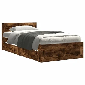 Bedframe met hoofdeinde bewerkt hout gerookt eiken 100×200 cm