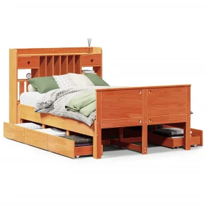 Bed met boekenkast zonder matras grenenhout wasbruin 135×190 cm