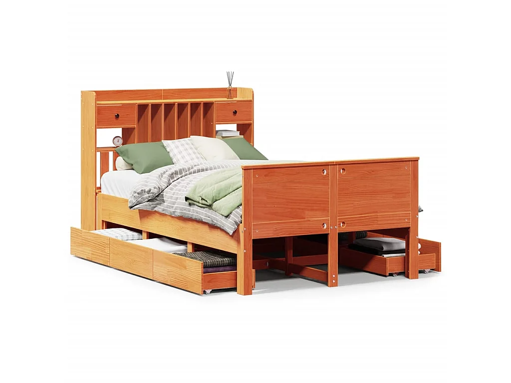 Bed met boekenkast zonder matras grenenhout wasbruin 135x190 cm