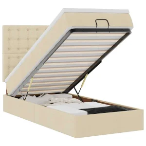 Bed poef met matras en LED's 90×200 cm stof crèmekleurig Bed poef met matras en LED's 90×200 cm stof crèmekleurig