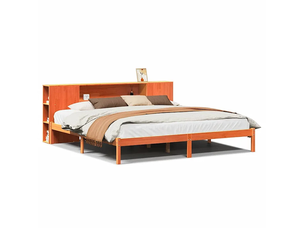 Bed met boekenkast zonder matras grenenhout wasbruin 200x200 cm