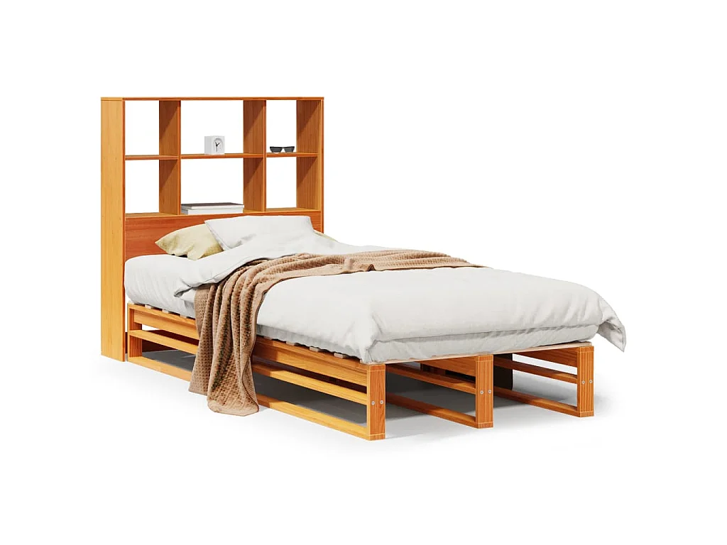 Bed met boekenkast zonder matras massief hout wasbruin 75x190cm