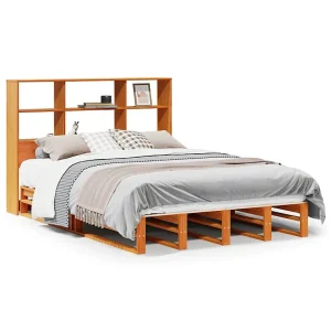 Bed met boekenkast zonder matras hout wasbruin 140×190 cm Bed met boekenkast zonder matras hout wasbruin 140×190 cm