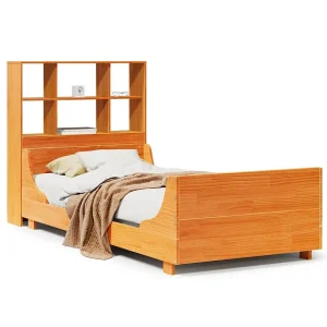 Bed met boekenkast zonder matras massief hout wasbruin 75x190cm Bed met boekenkast zonder matras massief hout wasbruin 75x190cm