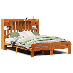 Bed met boekenkast zonder matras grenenhout wasbruin 150×200 cm
