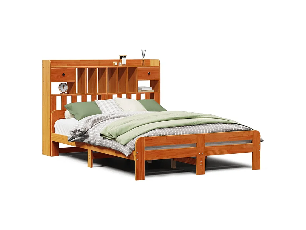 Bed met boekenkast zonder matras grenenhout wasbruin 150x200 cm