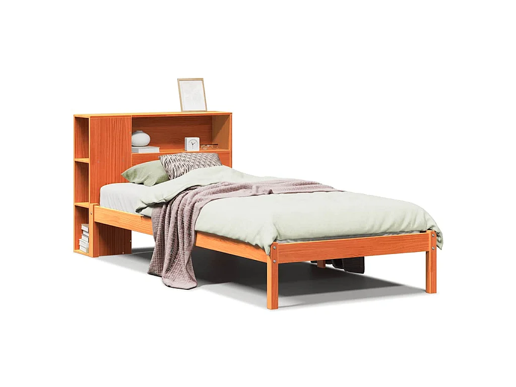 Bed met boekenkast zonder matras grenenhout wasbruin 100x200 cm