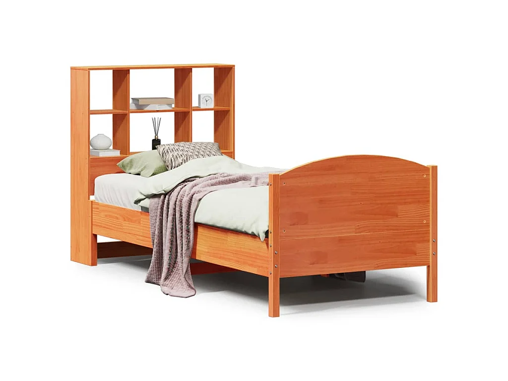 Bed met boekenkast zonder matras grenenhout wasbruin 100x200 cm