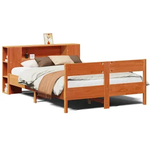 Bed met boekenkast zonder matras grenenhout wasbruin 140×200 cm