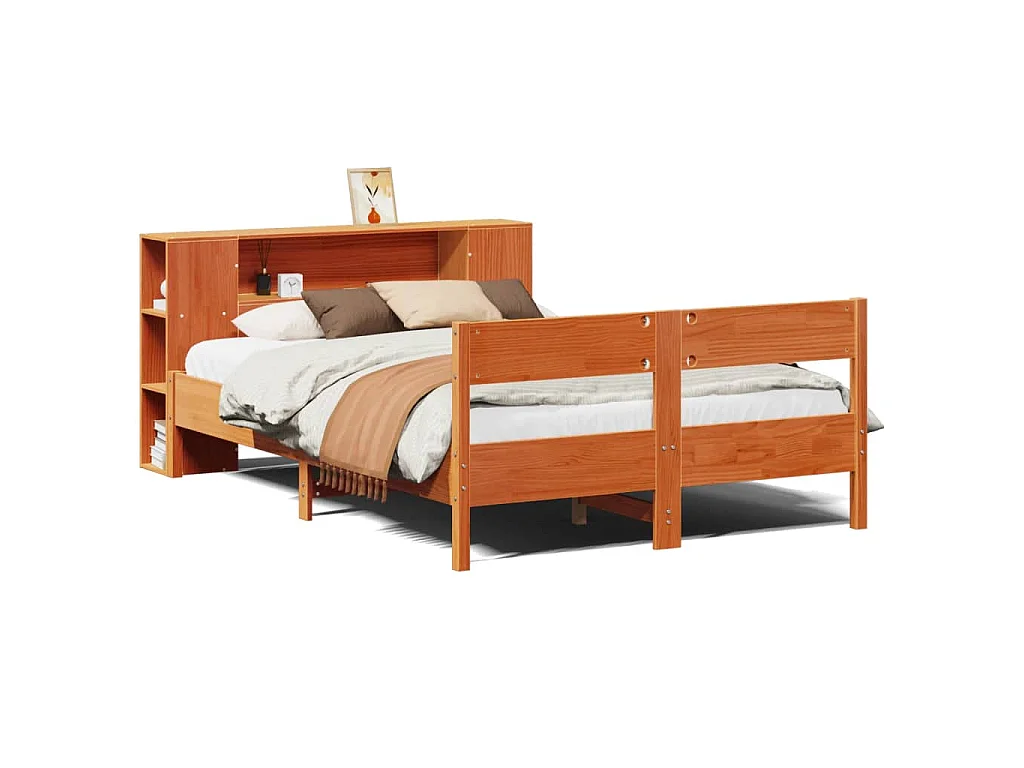Bed met boekenkast zonder matras grenenhout wasbruin 140x200 cm