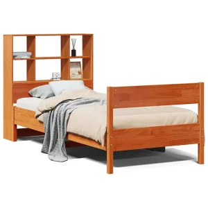 Bed met boekenkast zonder matras grenenhout wasbruin 75×190 cm