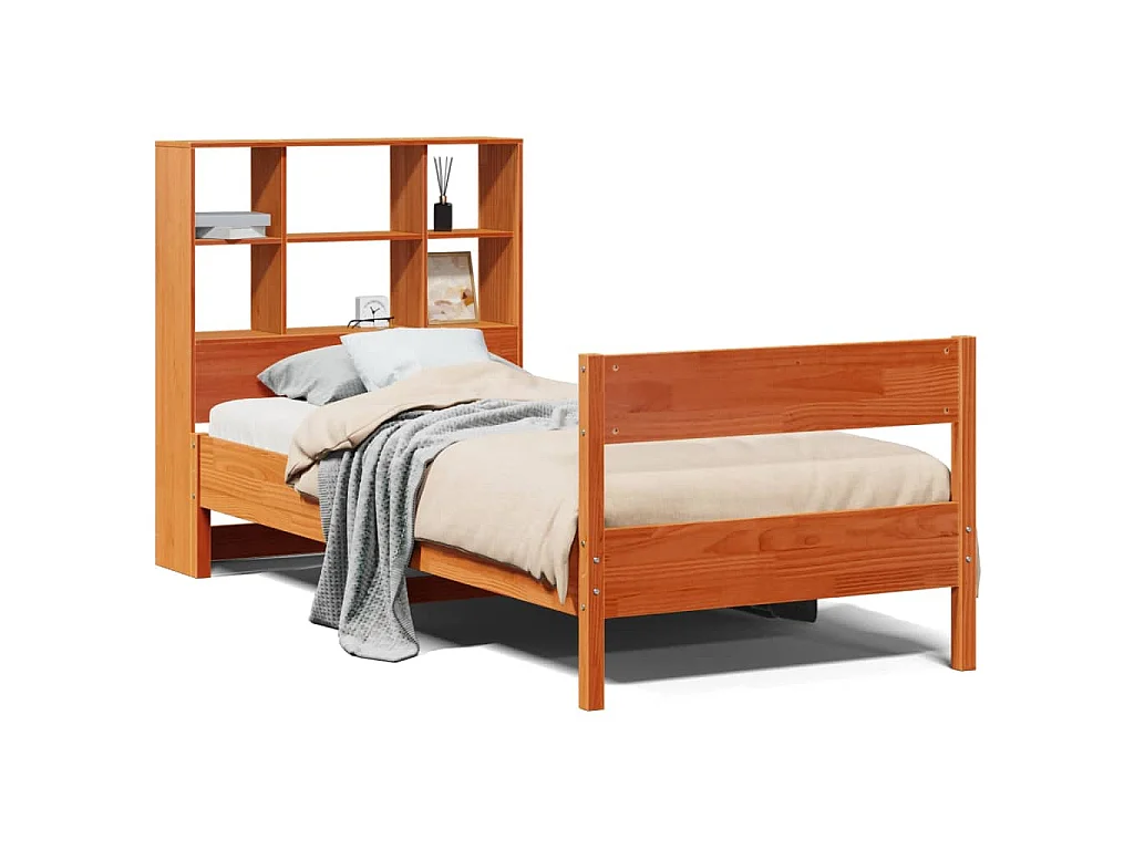 Bed met boekenkast zonder matras grenenhout wasbruin 75x190 cm