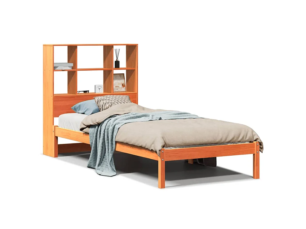 Bed met boekenkast zonder matras grenenhout wasbruin 100x200 cm