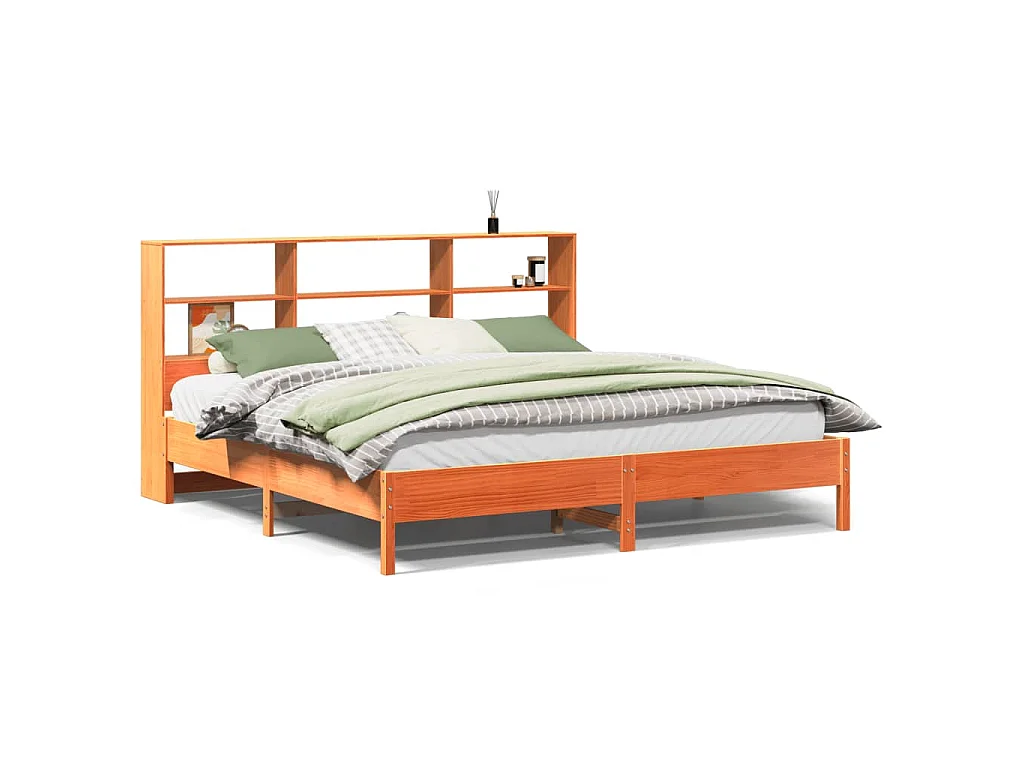 Bed met boekenkast zonder matras grenenhout wasbruin 200x200 cm