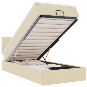 Bed poef met matras en LED's 90×200 cm stof crèmekleurig Bed poef met matras en LED's 90×200 cm stof crèmekleurig
