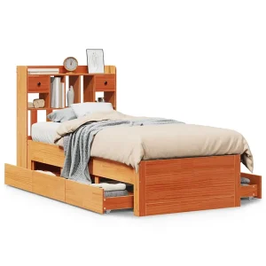 Bed met boekenkast zonder matras grenenhout wasbruin 75×190 cm