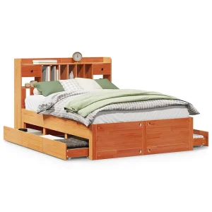Bed met boekenkast zonder matras grenenhout wasbruin 150×200 cm