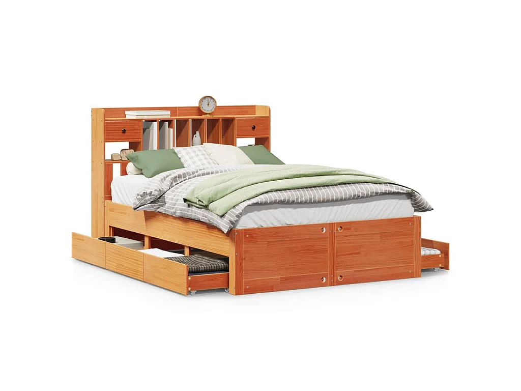 Bed met boekenkast zonder matras grenenhout wasbruin 150x200 cm