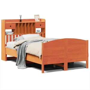 Bed met boekenkast zonder matras grenenhout wasbruin 135×190 cm