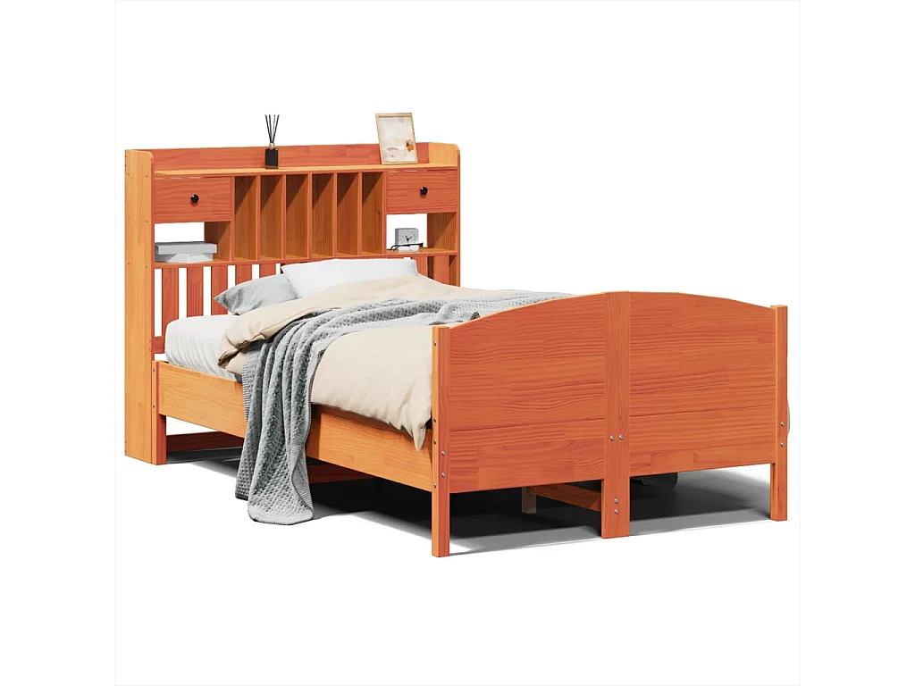 Bed met boekenkast zonder matras grenenhout wasbruin 135x190 cm