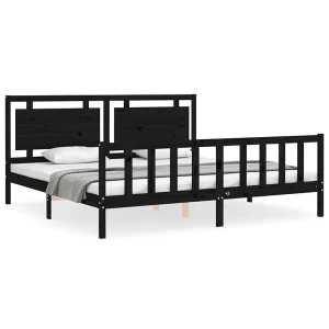 Bedframe met hoofdbord massief hout zwart 200×200 cm