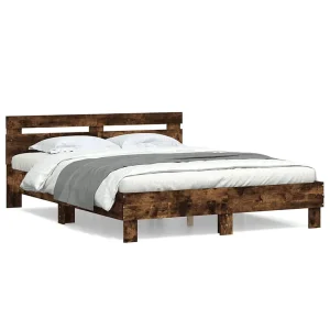 Bedframe met hoofdeinde bewerkt hout gerookt eiken 140×200 cm Bedframe met hoofdeinde bewerkt hout gerookt eiken 140×200 cm