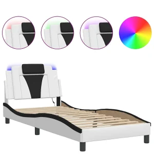 Bedframe met LED-verlichting kunstleer wit en zwart 90×190 cm Bedframe met LED-verlichting kunstleer wit en zwart 90×190 cm