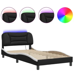 Bedframe met LED-verlichting kunstleer zwart en wit 100×200 cm Bedframe met LED-verlichting kunstleer zwart en wit 100×200 cm
