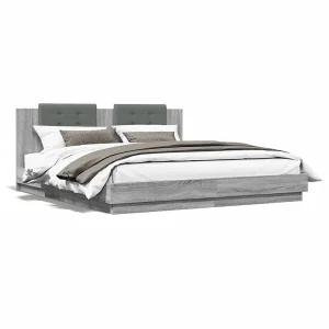 Bedframe met hoofdeinde bewerkt hout grijs sonoma 200×200 cm Bedframe met hoofdeinde bewerkt hout grijs sonoma 200×200 cm